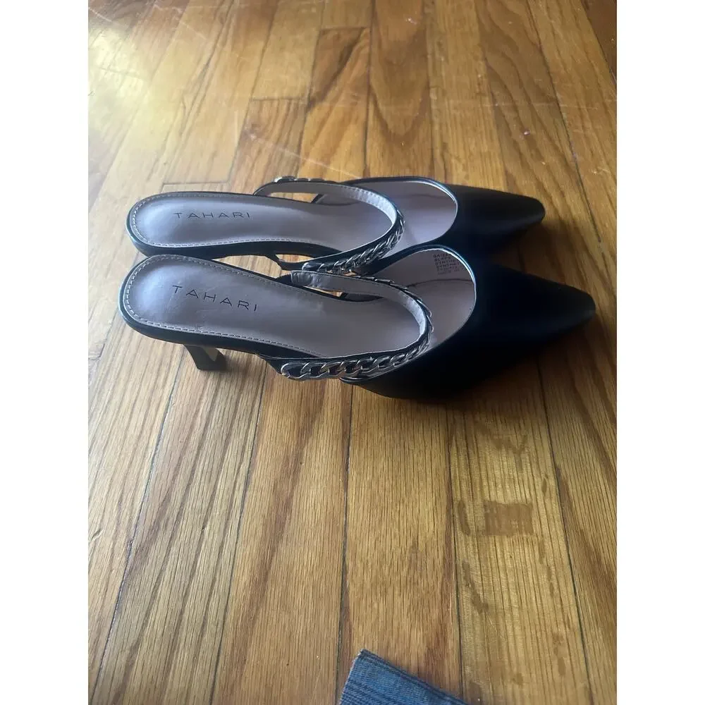 Tahari Black Kitten Heel Mules with Silver Chain Detail – Size 10
